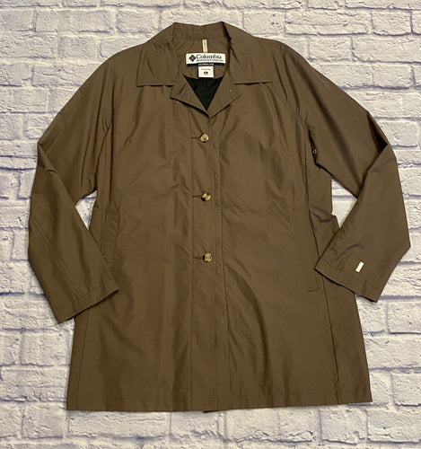 Columbie olive green midi length trench raincoat.  Button front with side pockets.  Black interior lining.  Like new.