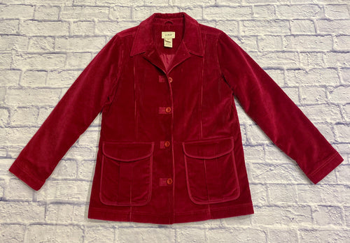 L.L. Bean fuchsia corduroy jacket.  Button down with two front top envelope pockets.  Pink interior lining.  Slit in mid back hem.  New without tags.