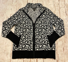 Load image into Gallery viewer, Rachel Zoe cheetah print grey and black front zip cardigan with pockets.  NWOT.
